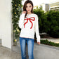 Long Sleeve Knit Sweater with Bow Detail Contrast Stitching