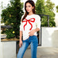 Long Sleeve Knit Sweater with Bow Detail Contrast Stitching