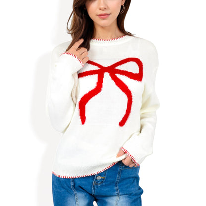 Long Sleeve Knit Sweater with Bow Detail Contrast Stitching