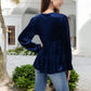 Long Sleeve V-Neck Velvet Babydoll Top with Gathered Waist