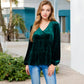 Long Sleeve V-Neck Velvet Babydoll Top with Gathered Waist