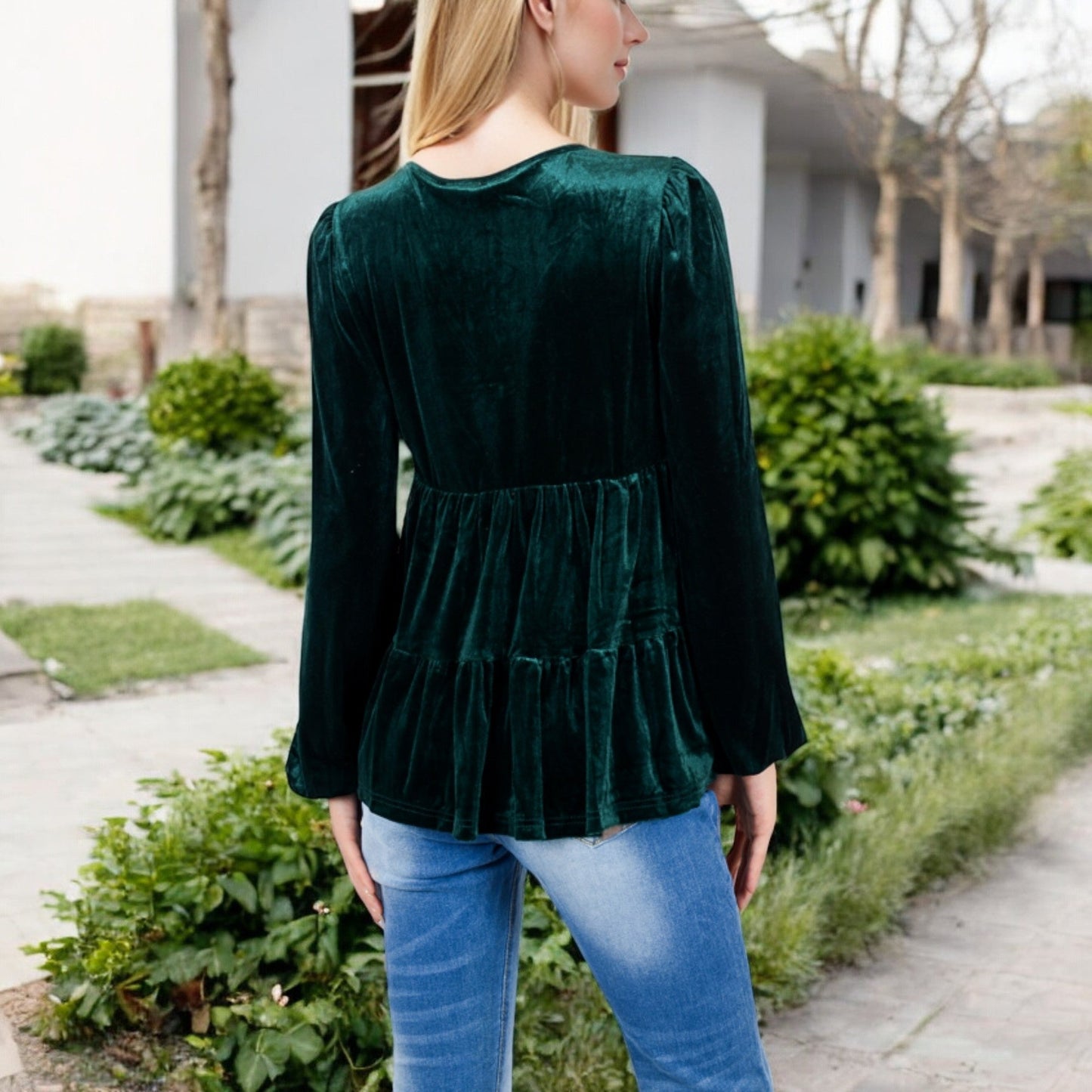 Long Sleeve V-Neck Velvet Babydoll Top with Gathered Waist