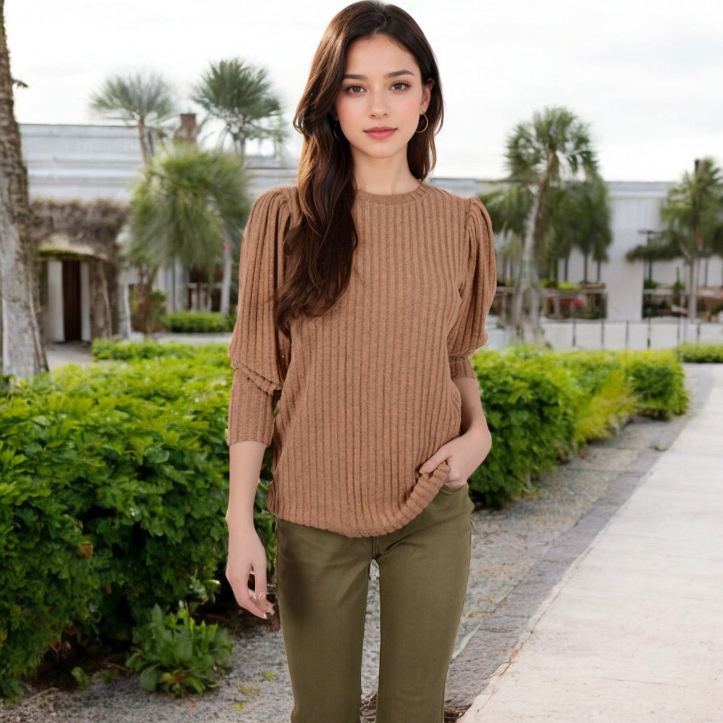 Long Sleeve Ribbed Knit Sweater with Gathered Shoulders