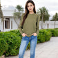 Long Sleeve Ribbed Knit Sweater with Gathered Shoulders