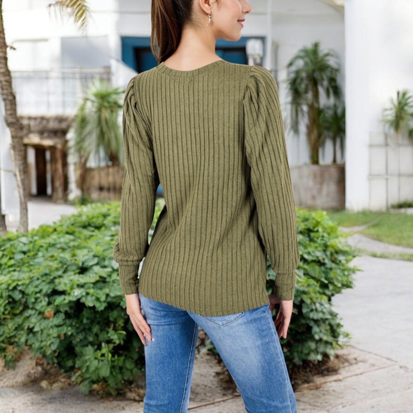 Long Sleeve Ribbed Knit Sweater with Gathered Shoulders