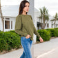 Long Sleeve Ribbed Knit Sweater with Gathered Shoulders