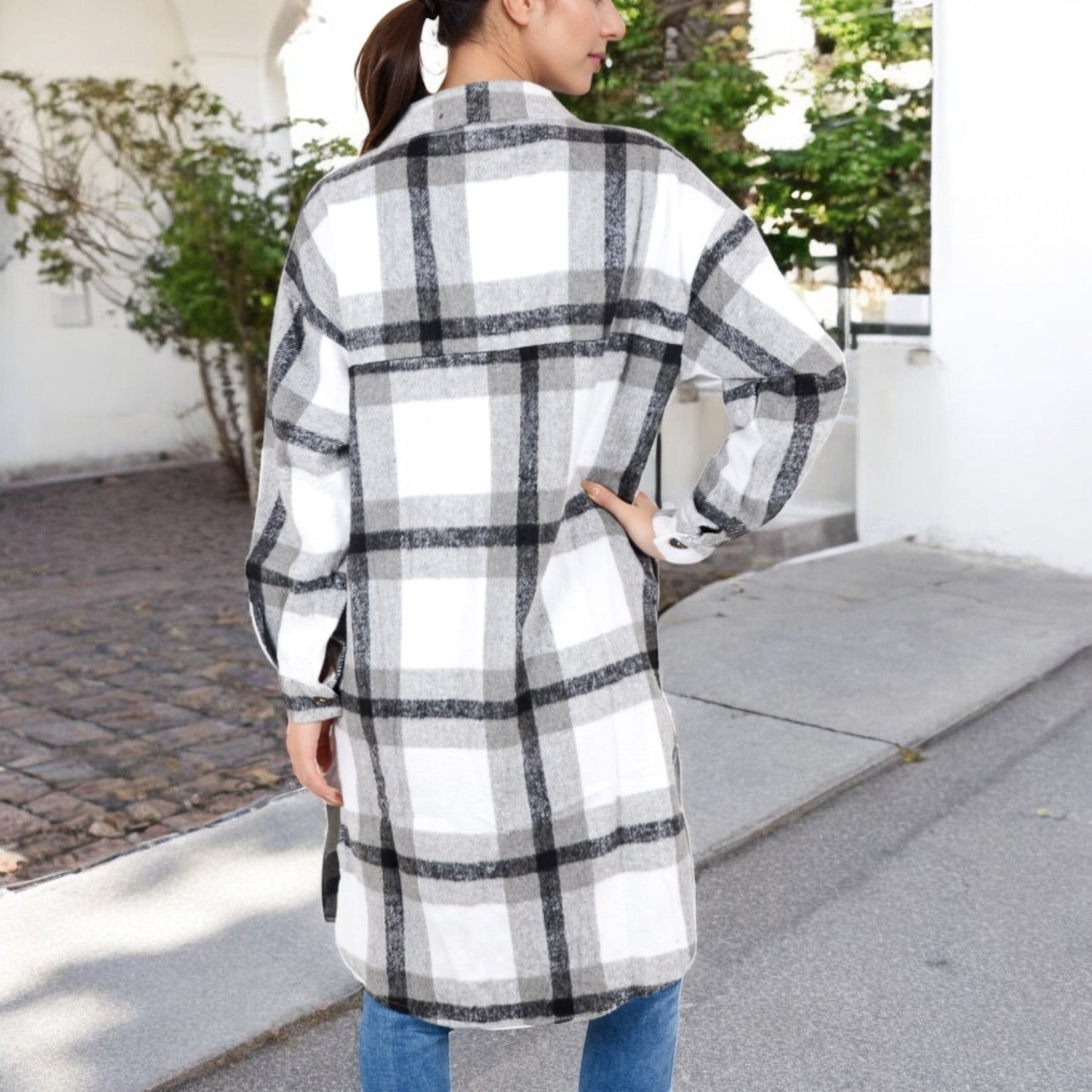 Long Plaid Button-Up Shacket with Chest Pockets Side Slits