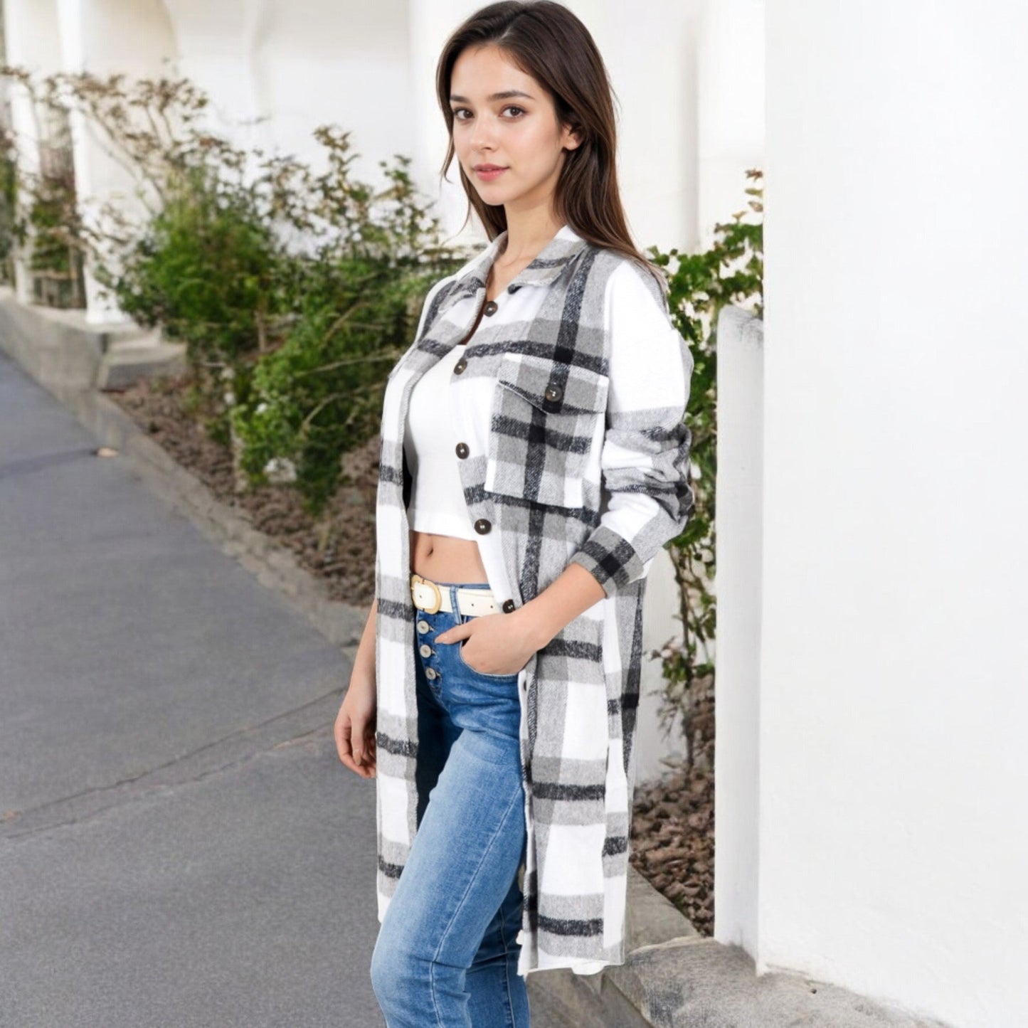 Long Plaid Button-Up Shacket with Chest Pockets Side Slits