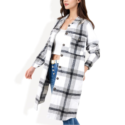 Long Plaid Button-Up Shacket with Chest Pockets Side Slits