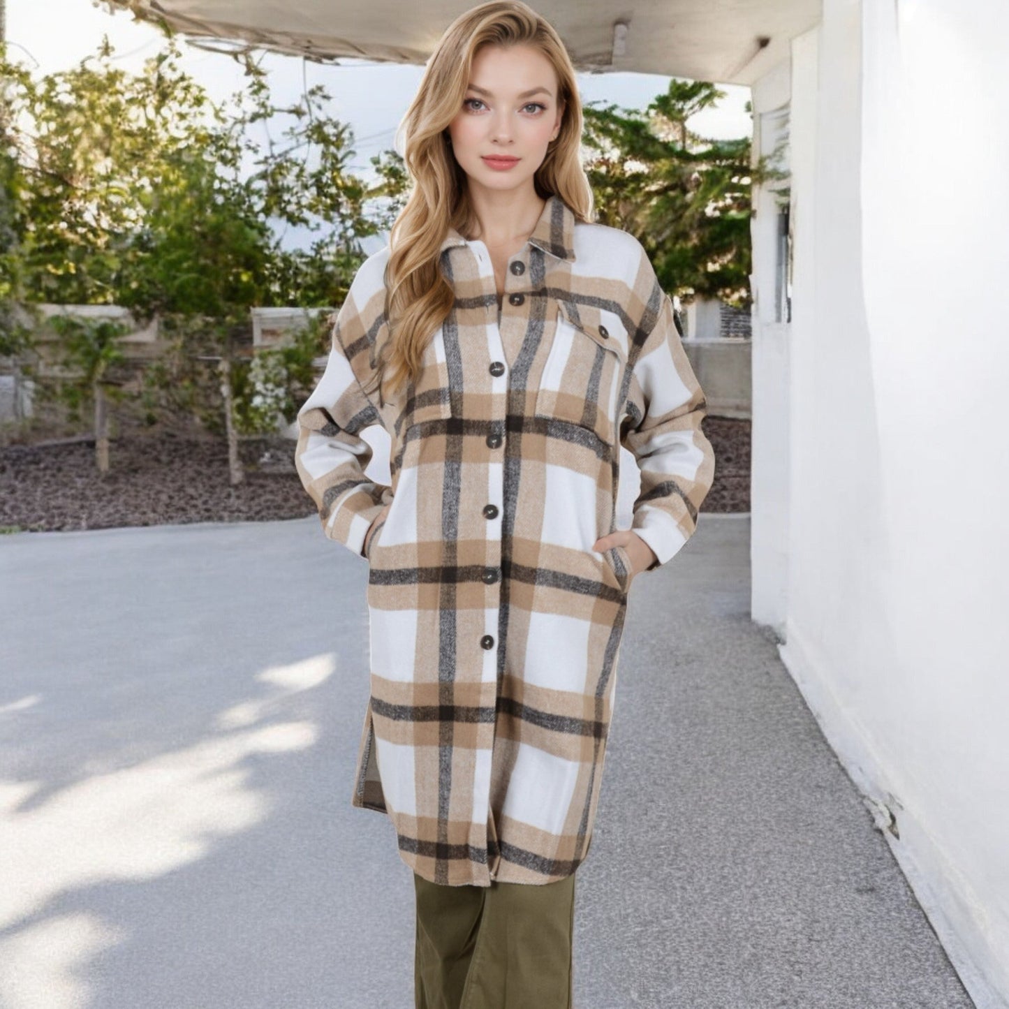 Long Plaid Button-Up Shacket with Chest Pockets Side Slits