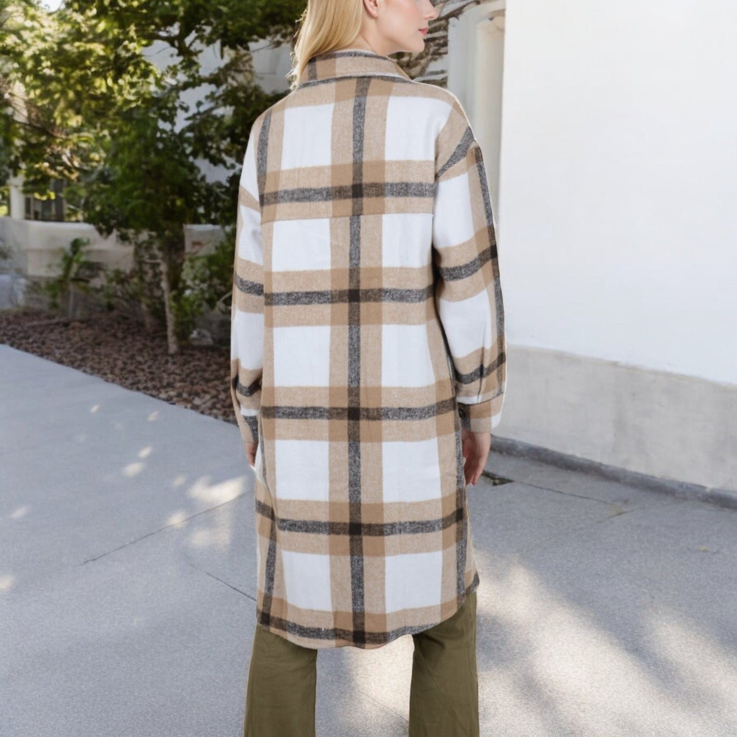 Long Plaid Button-Up Shacket with Chest Pockets Side Slits