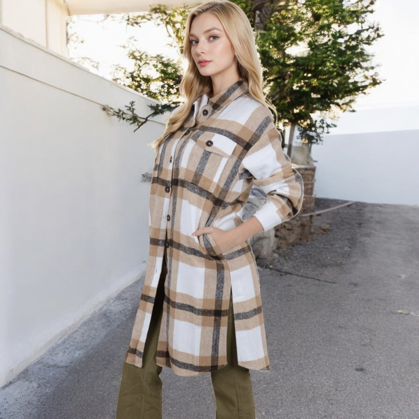 Long Plaid Button-Up Shacket with Chest Pockets Side Slits