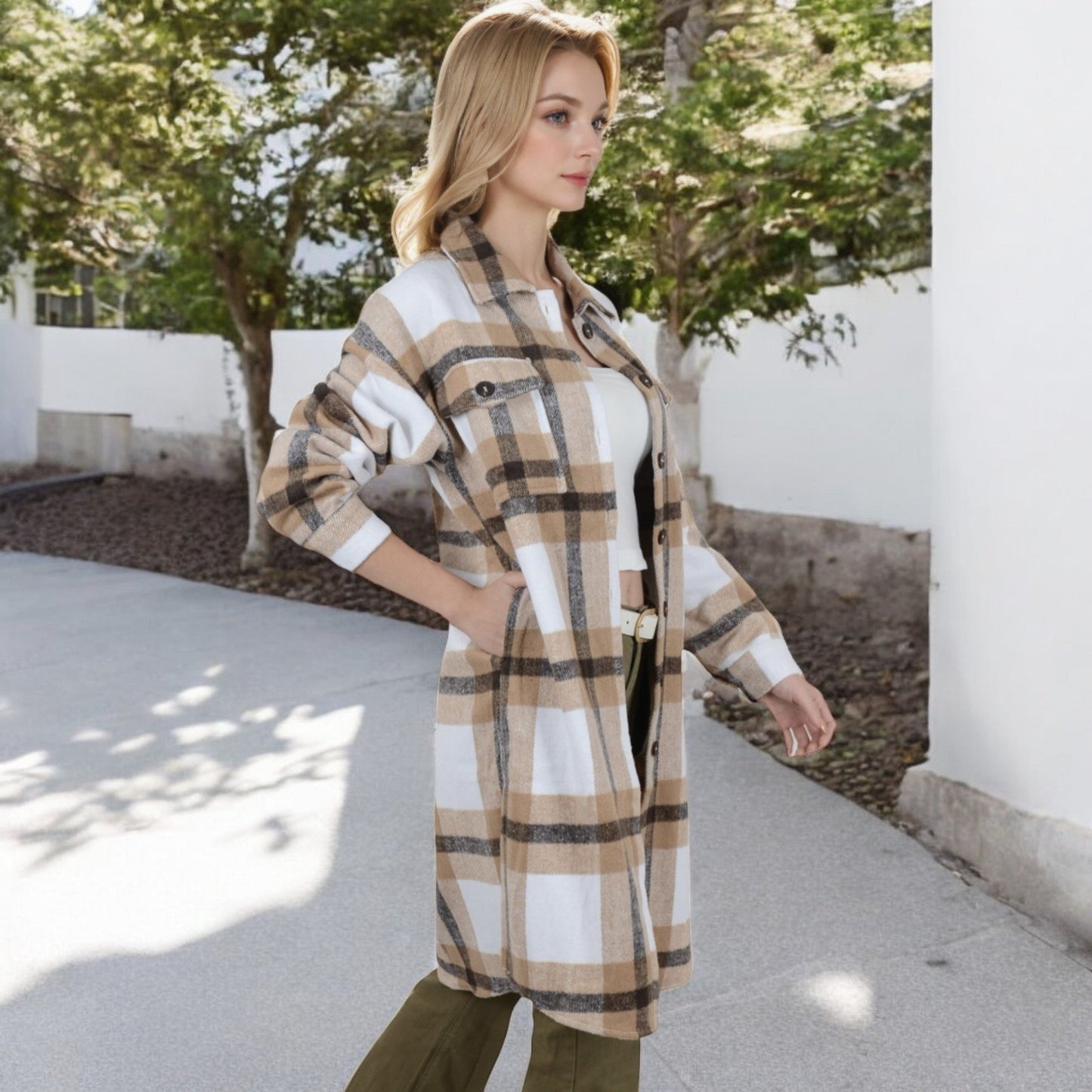 Long Plaid Button-Up Shacket with Chest Pockets Side Slits