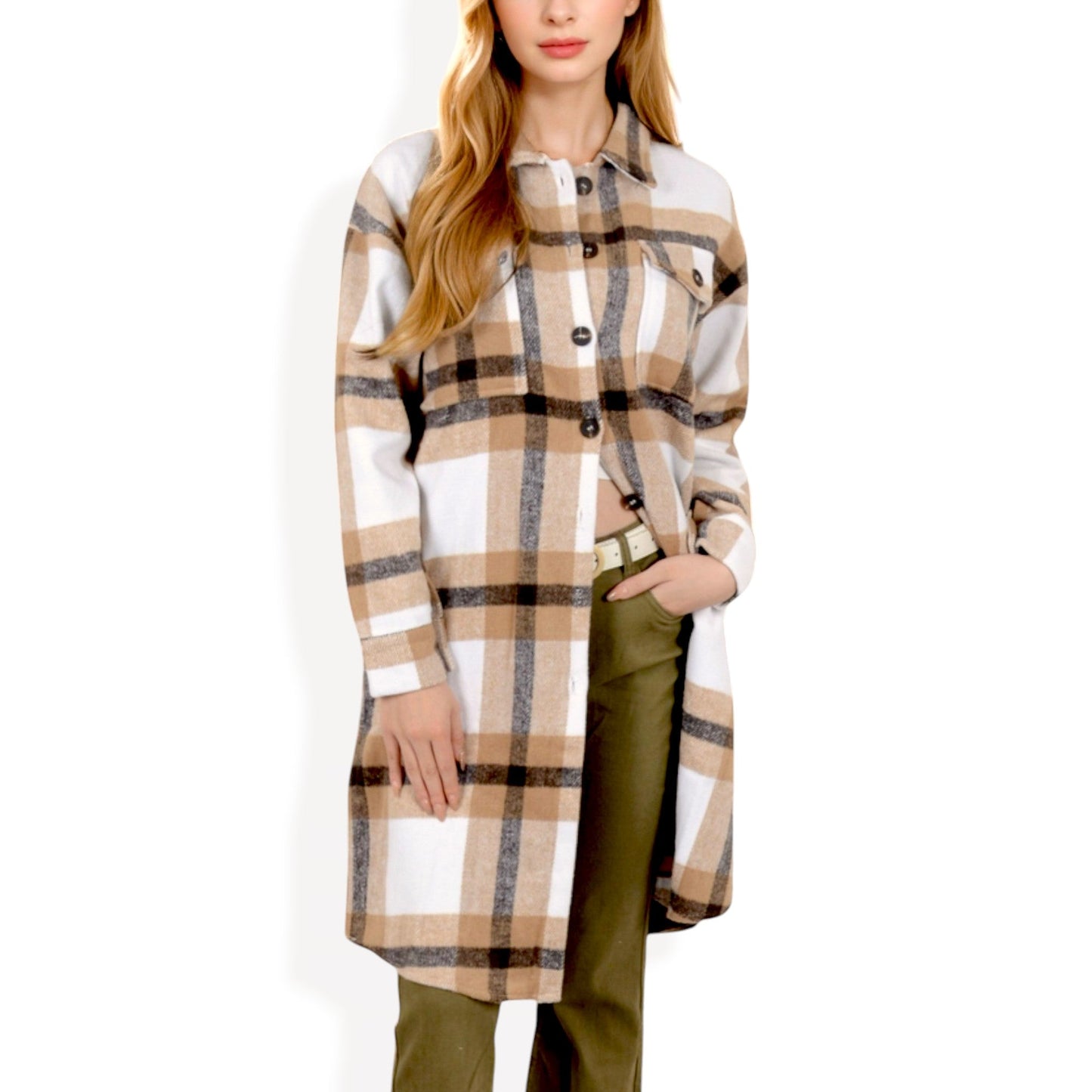 Long Plaid Button-Up Shacket with Chest Pockets Side Slits