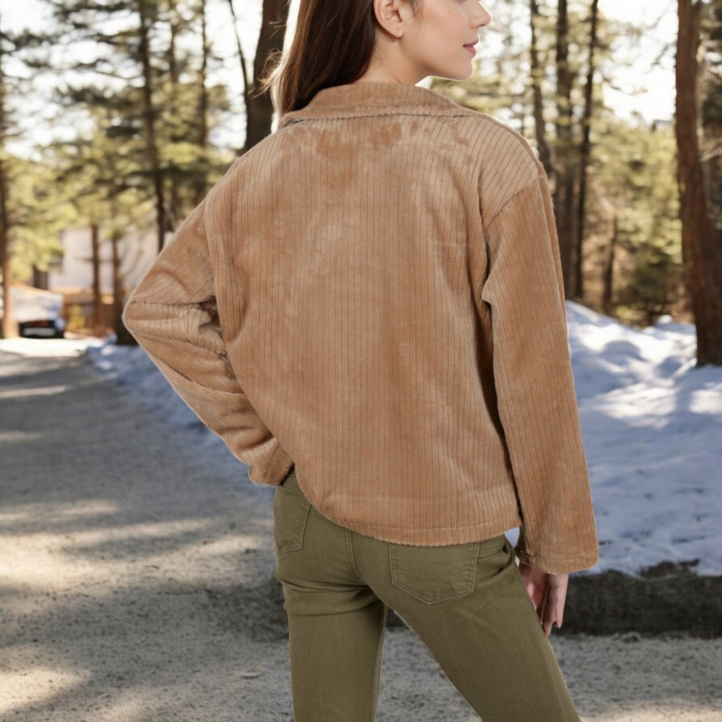 Corduroy Zip-Up Jacket with Embroidered Collar Side Pockets