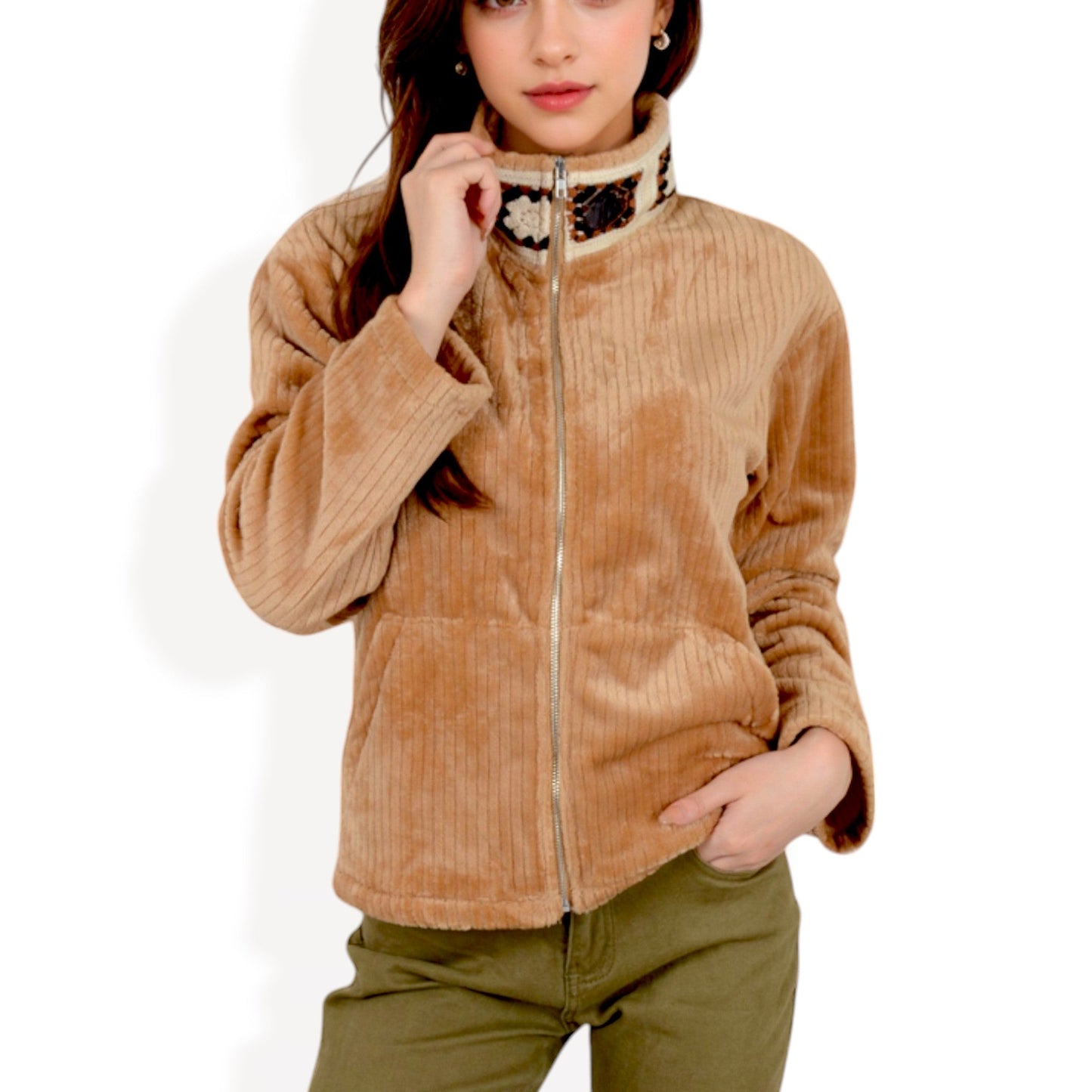 Corduroy Zip-Up Jacket with Embroidered Collar Side Pockets