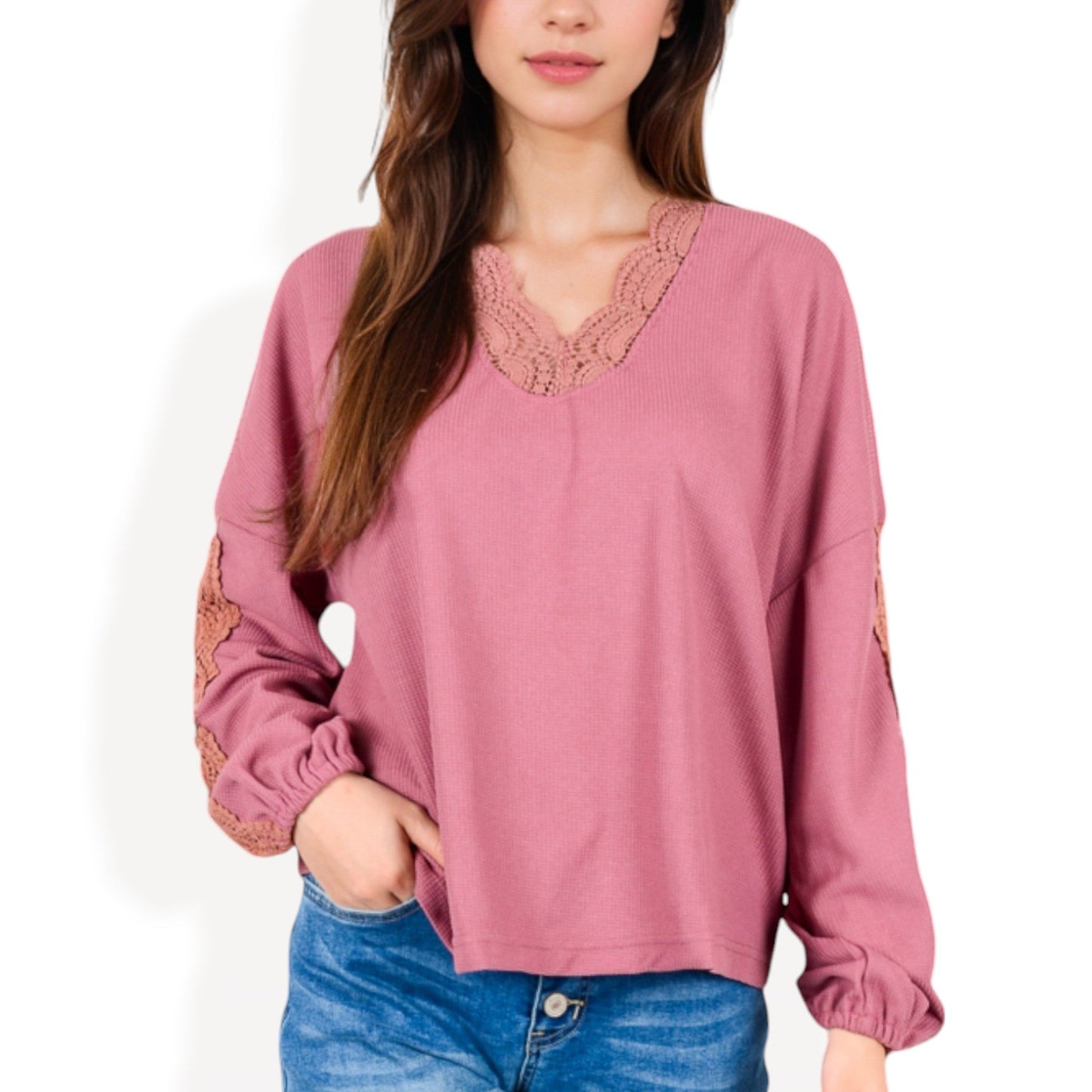 V-Neck Top with Lace Trim Neckline and Sleeve Detailing