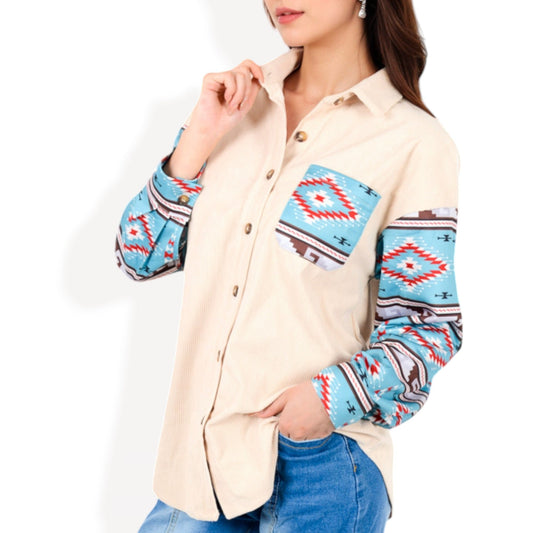 Button-Up Corduroy Shirt with Aztec Print Pocket and Sleeves