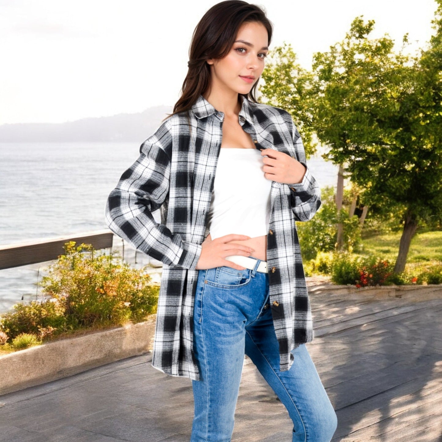 Long Sleeve Plaid Button-Up Shirt Jacket