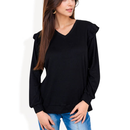 Long Sleeve V-Neck Top with Ruffled Shoulder Detail