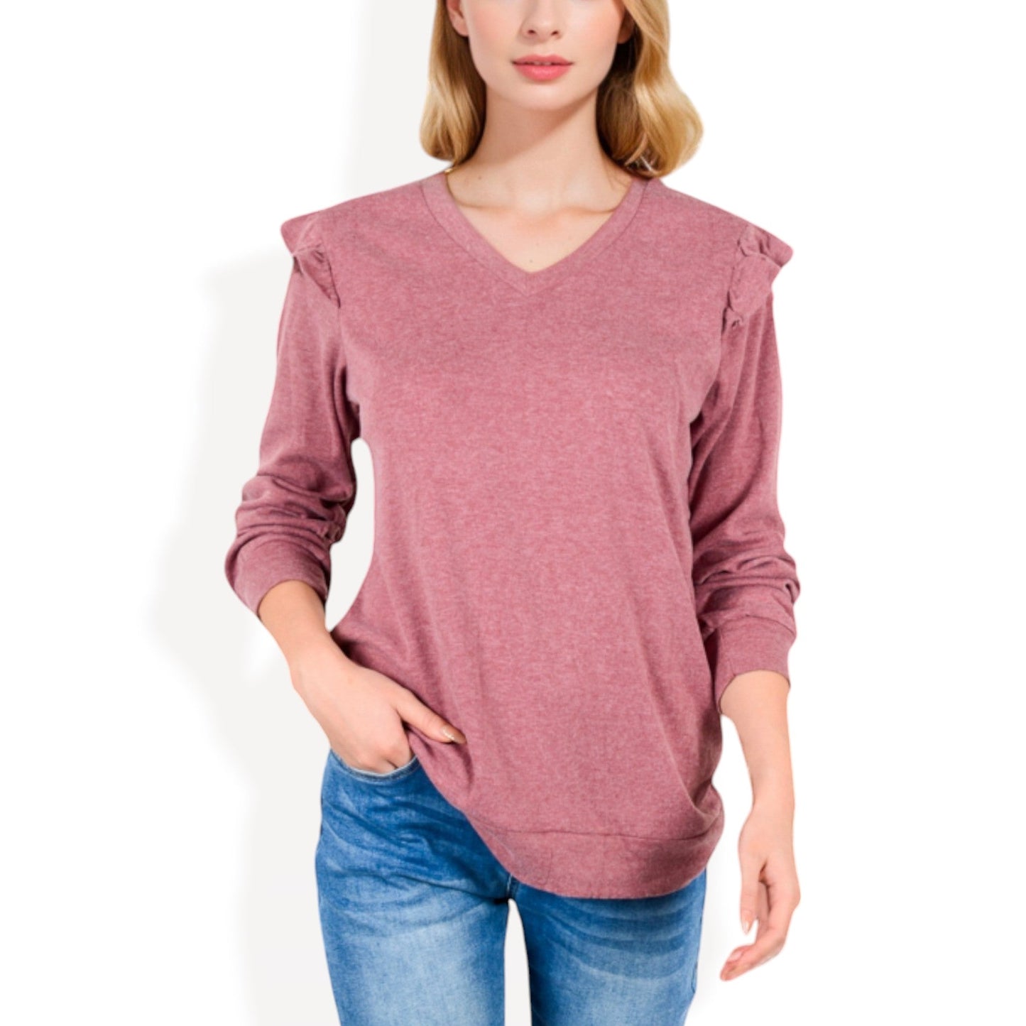 Long Sleeve V-Neck Top with Ruffled Shoulder Detail