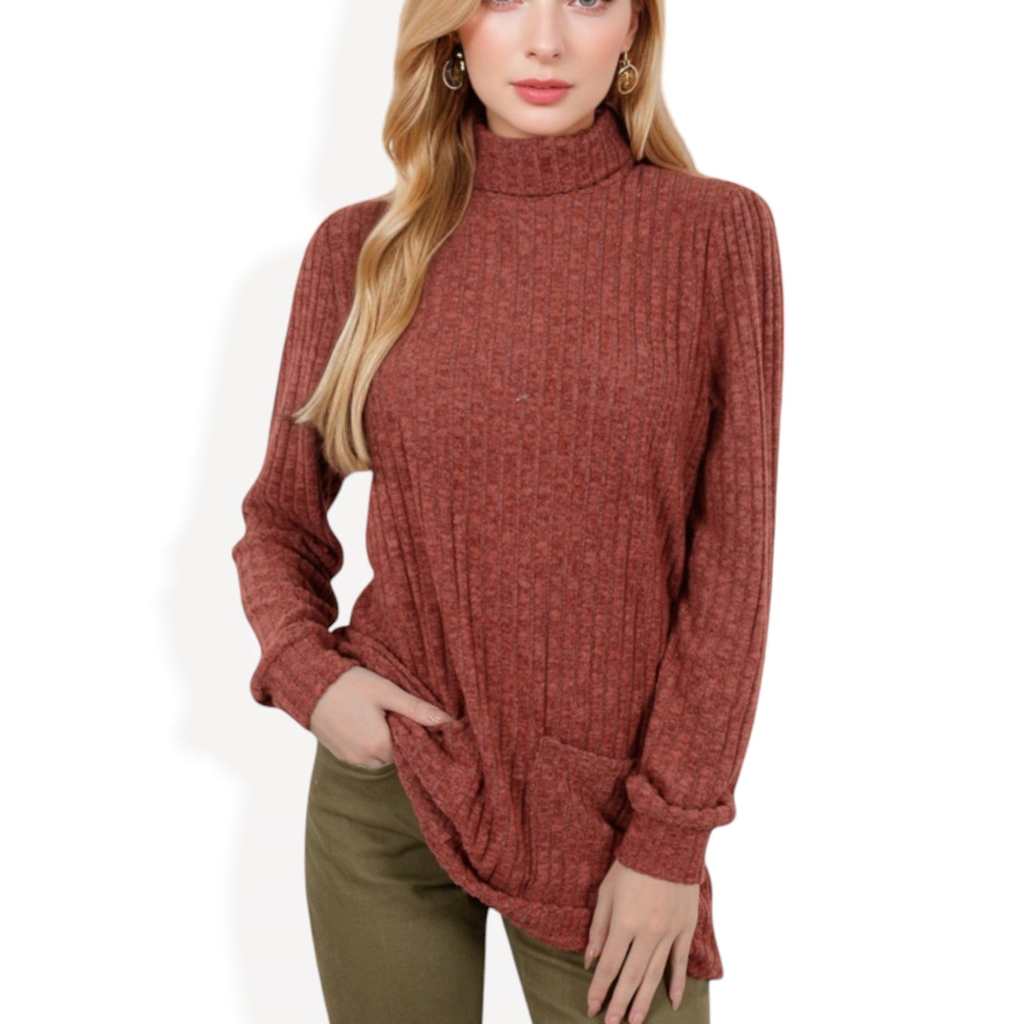 Mock Neck Long Sleeve Ribbed Knit Tunic with Front Pockets