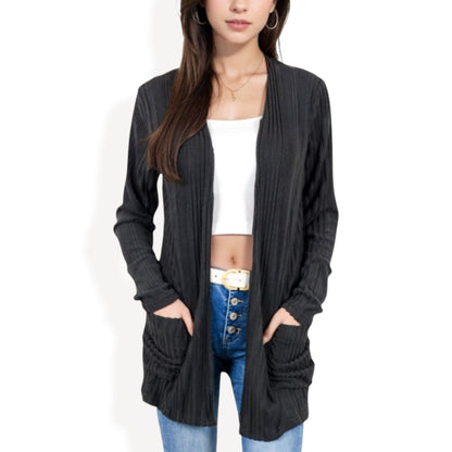 Open Front Ribbed Cardigan with Long Sleeves Front Pockets