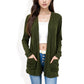 Open Front Ribbed Cardigan with Long Sleeves Front Pockets