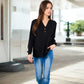 V-Neck Ribbed Knit Long Sleeve Top with Button Detail