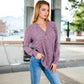 V-Neck Ribbed Knit Long Sleeve Top with Button Detail