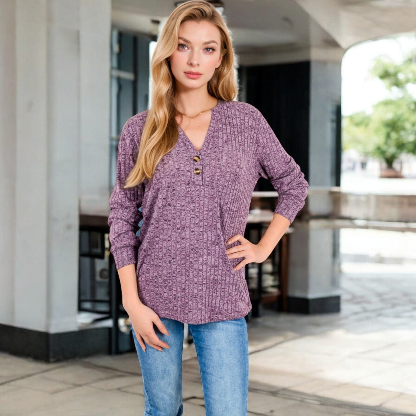 V-Neck Ribbed Knit Long Sleeve Top with Button Detail