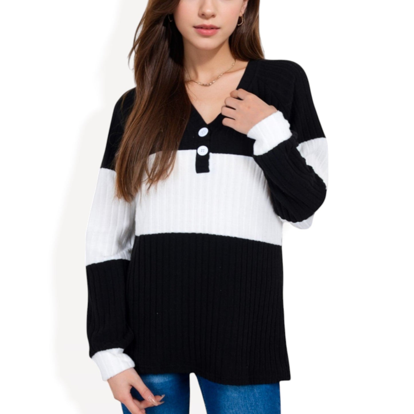 Anna-Kaci Women's Color Block Ribbed Knit Top with Button Detail and V-Neckline