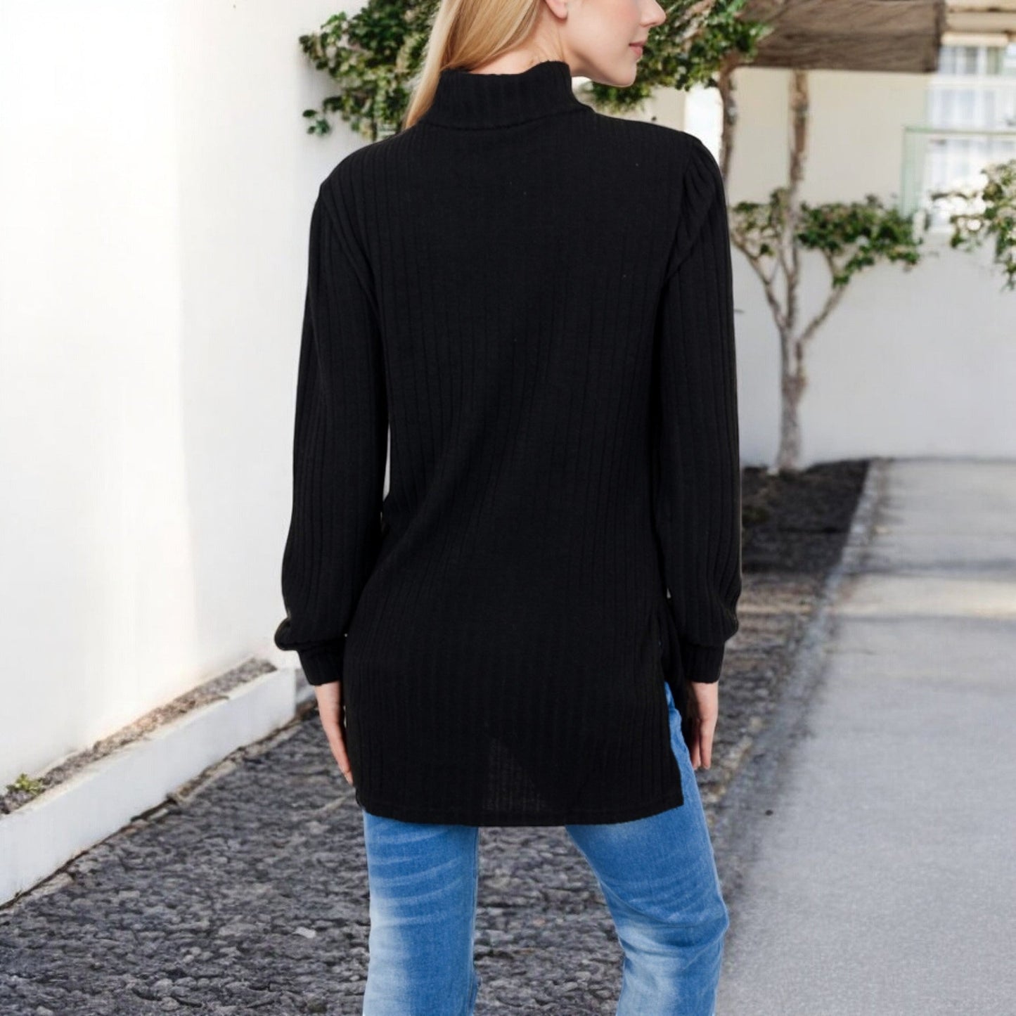 Ribbed Knit Turtleneck Tunic Sweater with Front Pockets