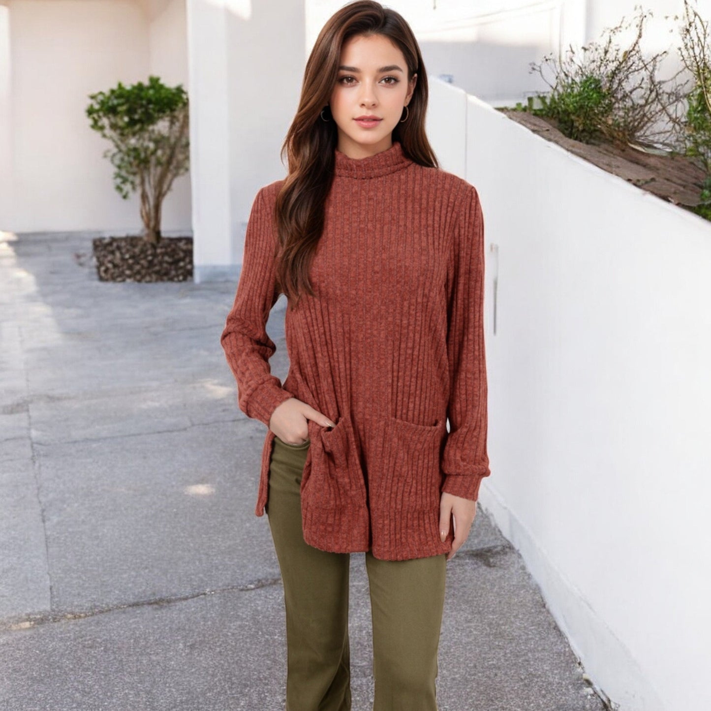 Ribbed Knit Turtleneck Tunic Sweater with Front Pockets