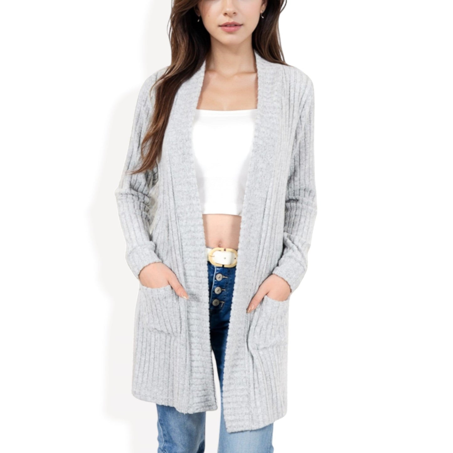 Open Front Ribbed Knit Cardigan with Front Pockets