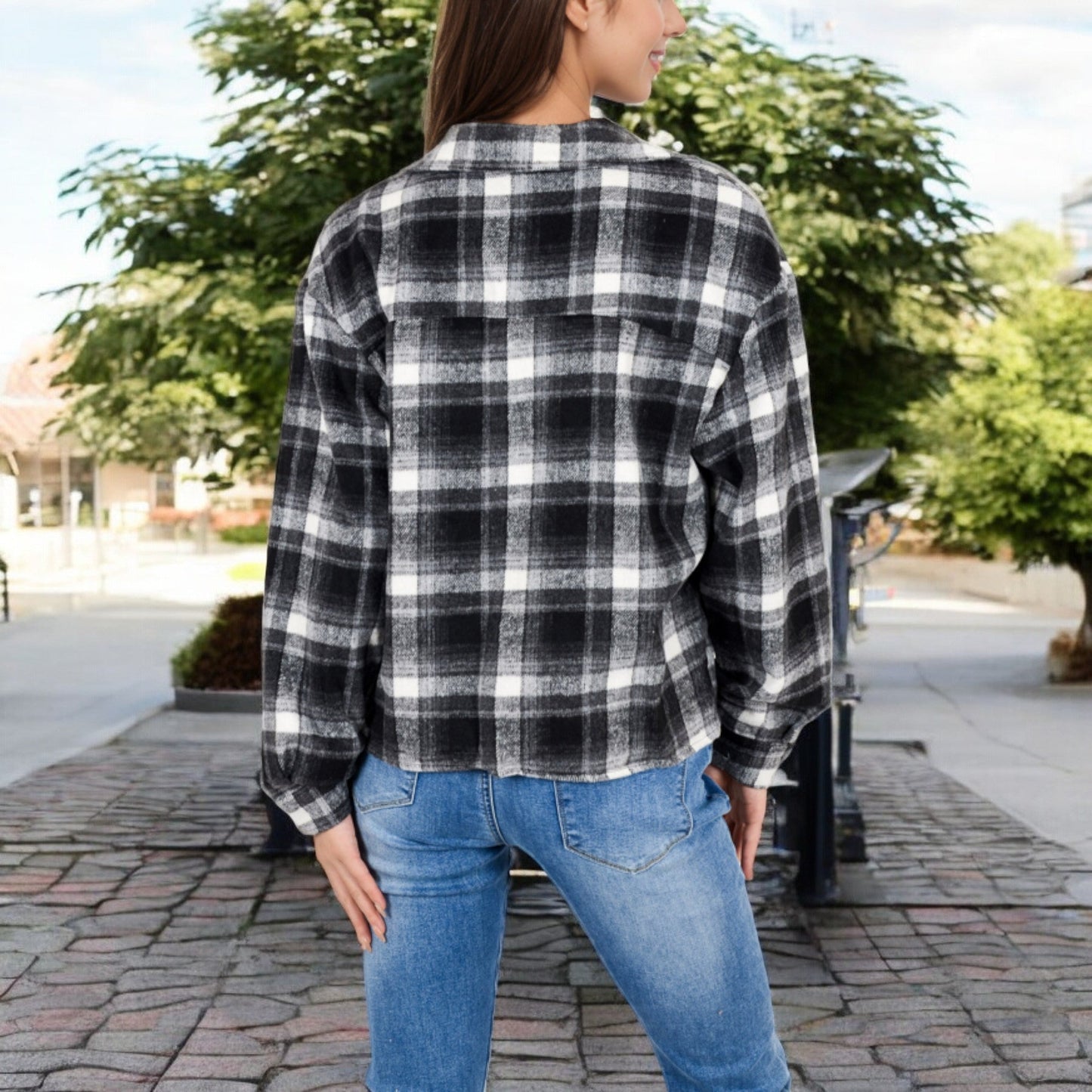 Button-Up Plaid Shirt with Chest Pockets and Long Sleeves