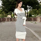 Women's Striped Knit Midi Dress with Long Sleeves and Ribbed Texture