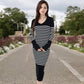 Women's Striped Knit Midi Dress with Long Sleeves and Ribbed Texture