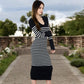 Women's Striped Knit Midi Dress with Long Sleeves and Ribbed Texture