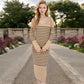 Women's Striped Knit Midi Dress with Long Sleeves and Ribbed Texture