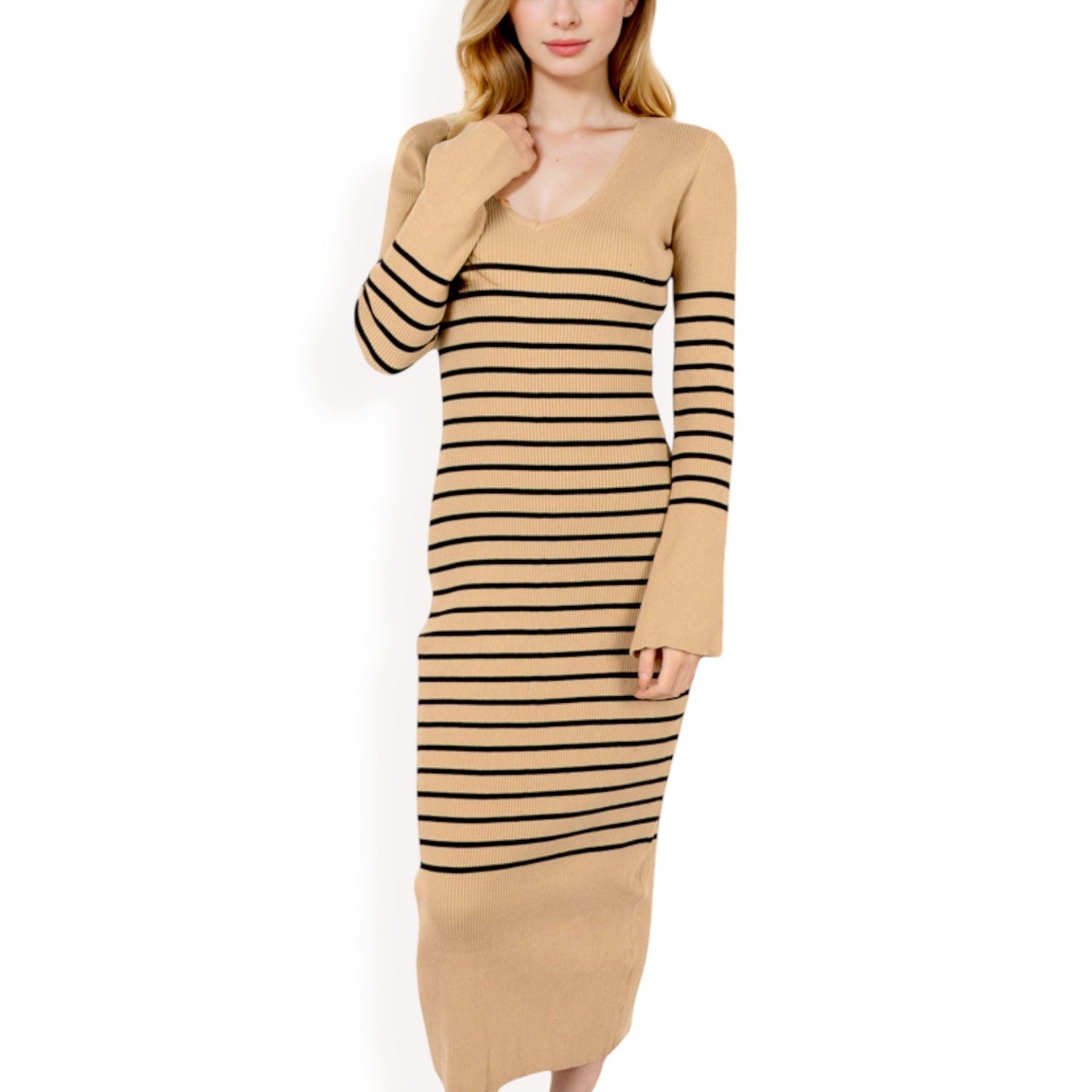 Women's Striped Knit Midi Dress with Long Sleeves and Ribbed Texture