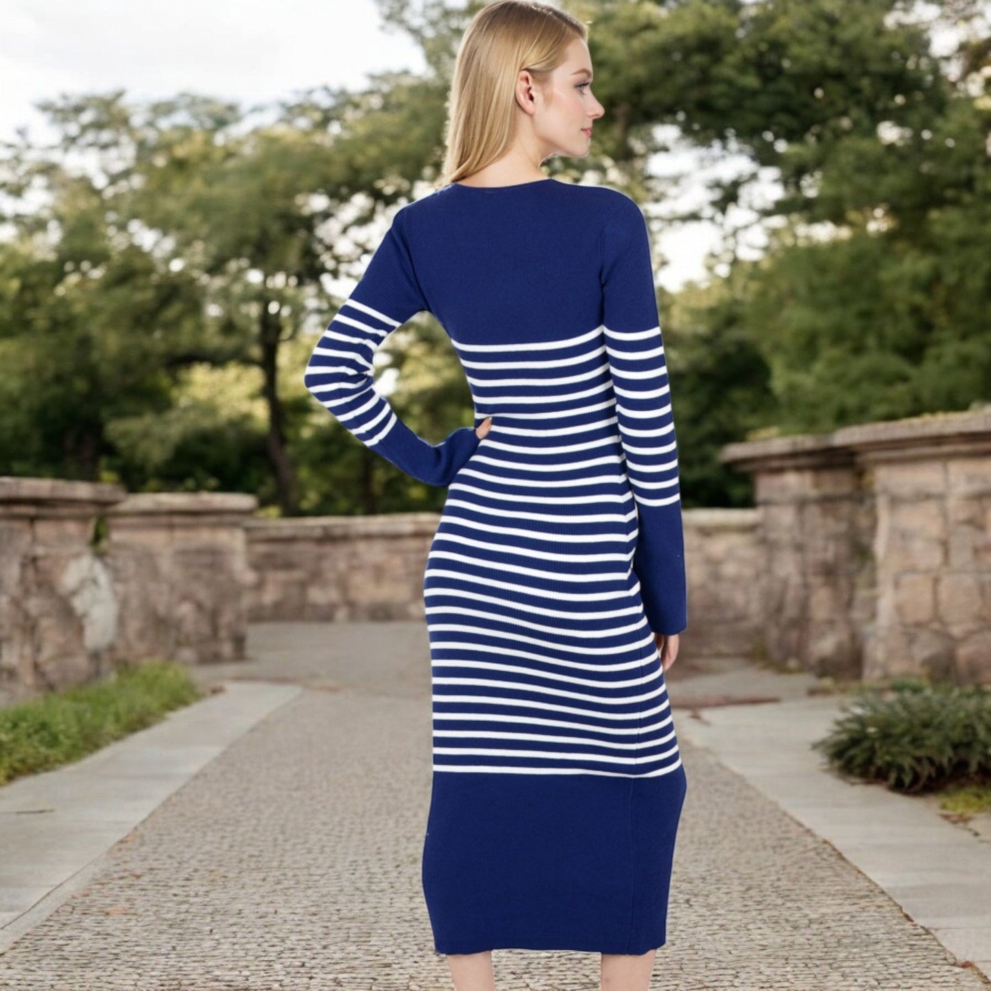 Women's Striped Knit Midi Dress with Long Sleeves and Ribbed Texture