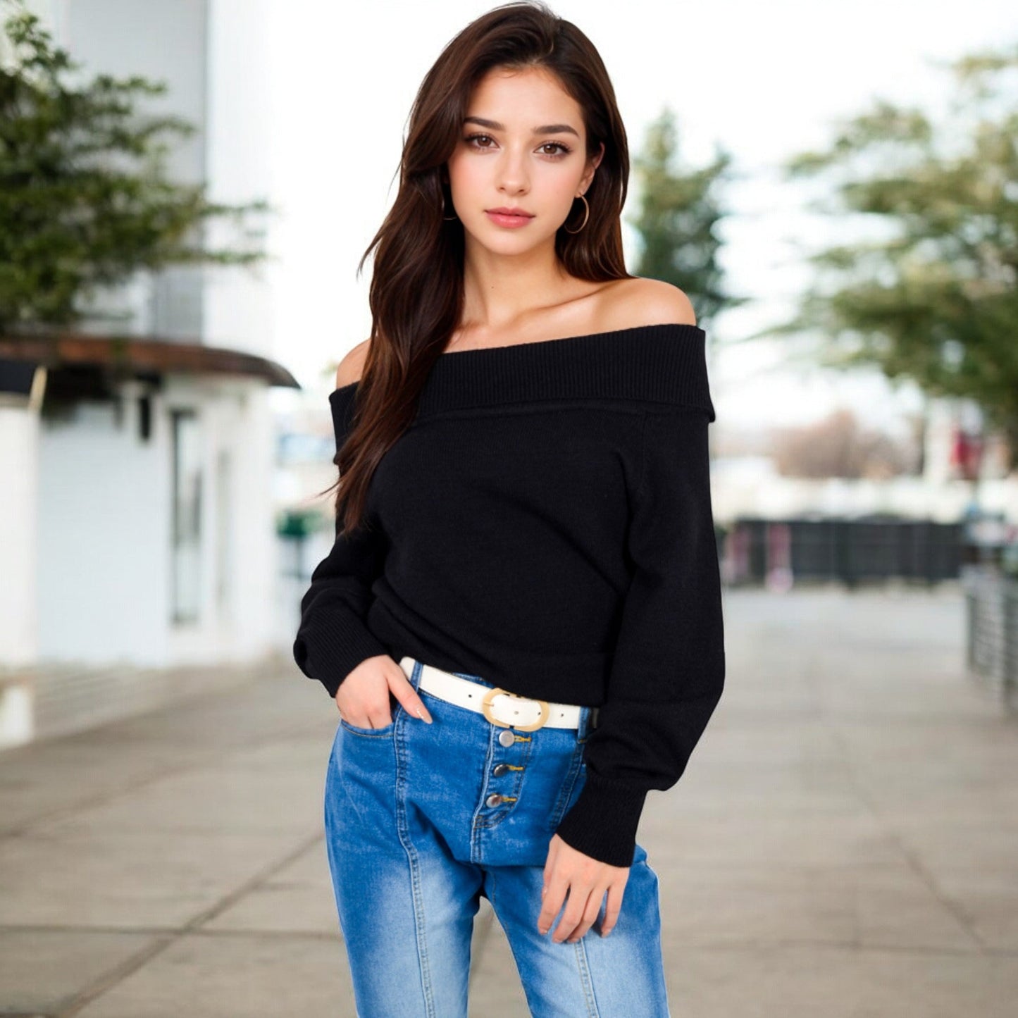 Off-Shoulder Ribbed Knit Sweater with Long Sleeves