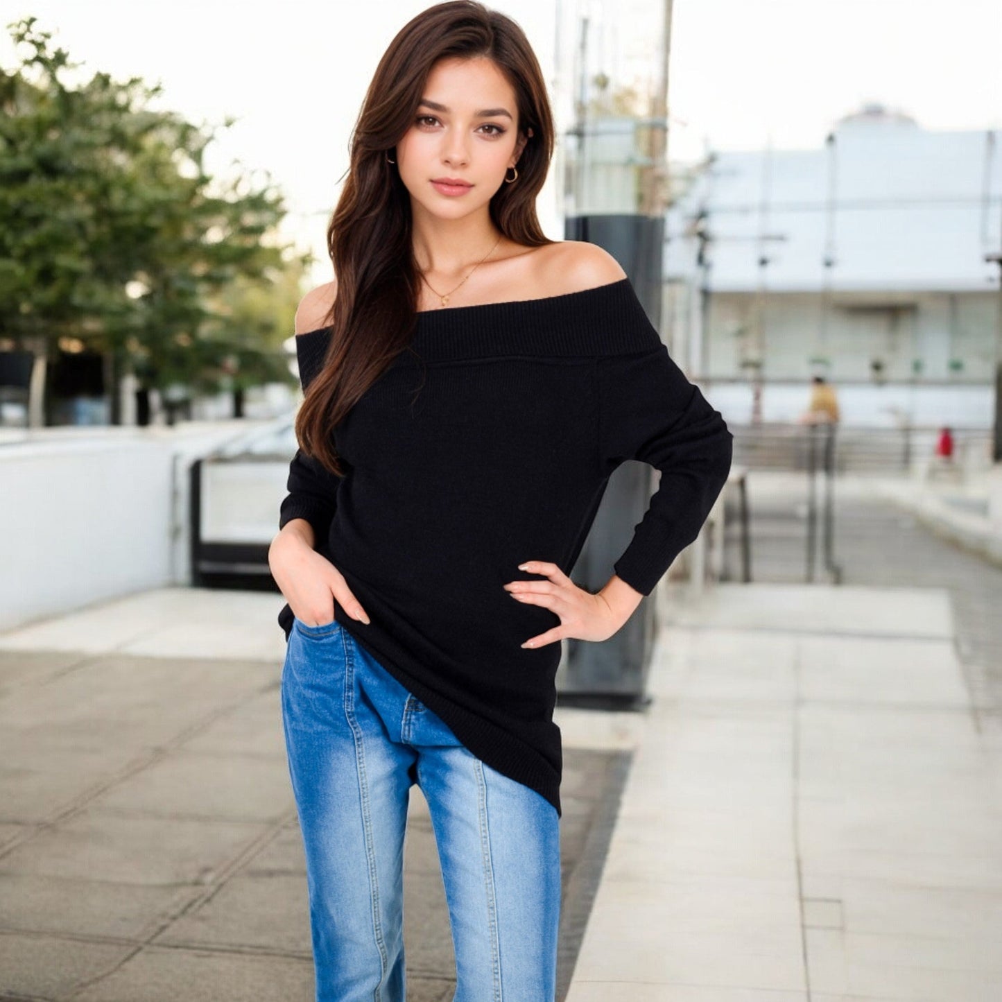 Off-Shoulder Ribbed Knit Sweater with Long Sleeves