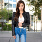 Cropped Faux Leather Jacket with Puff Shoulder Detail