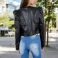 Cropped Faux Leather Jacket with Puff Shoulder Detail