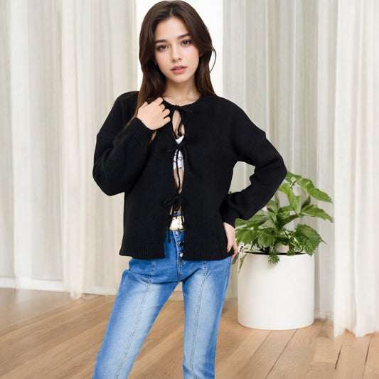 Tie Front Knit Cardigan with Long Sleeves Open Front Design