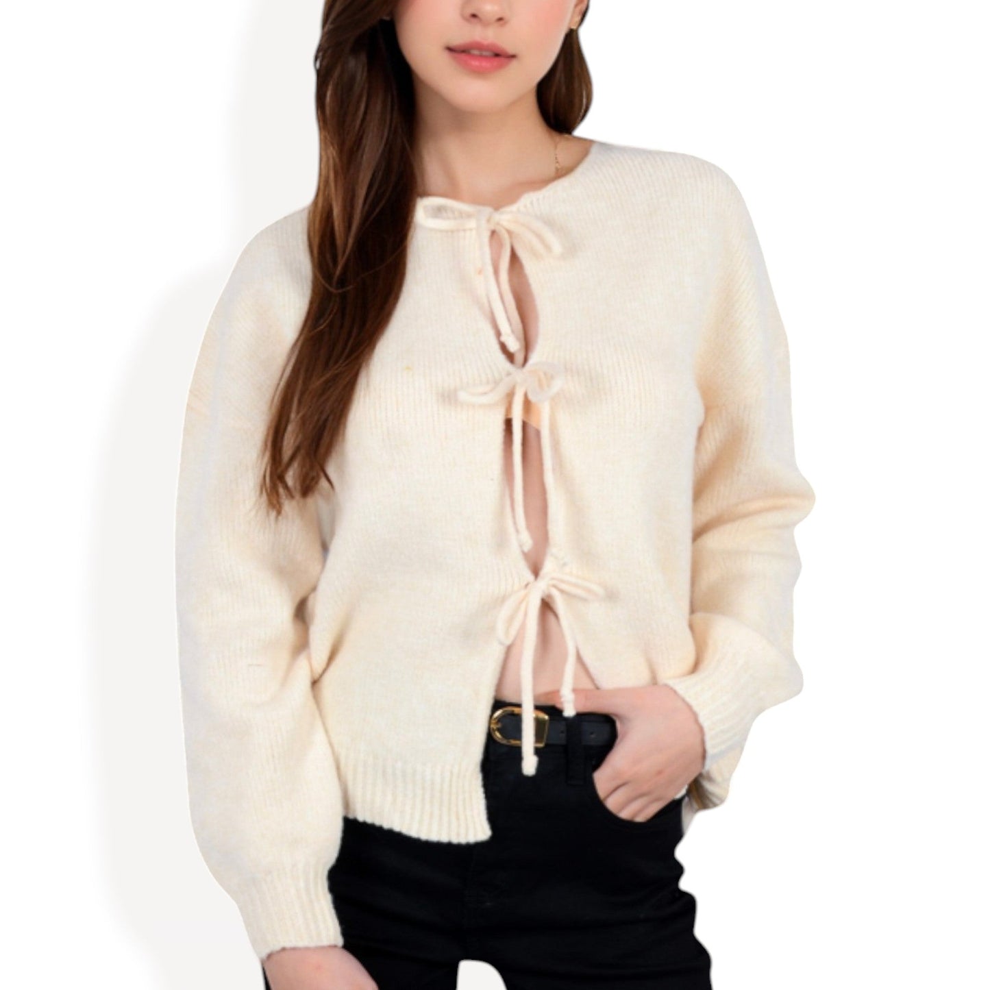 Tie Front Knit Cardigan with Long Sleeves Open Front Design