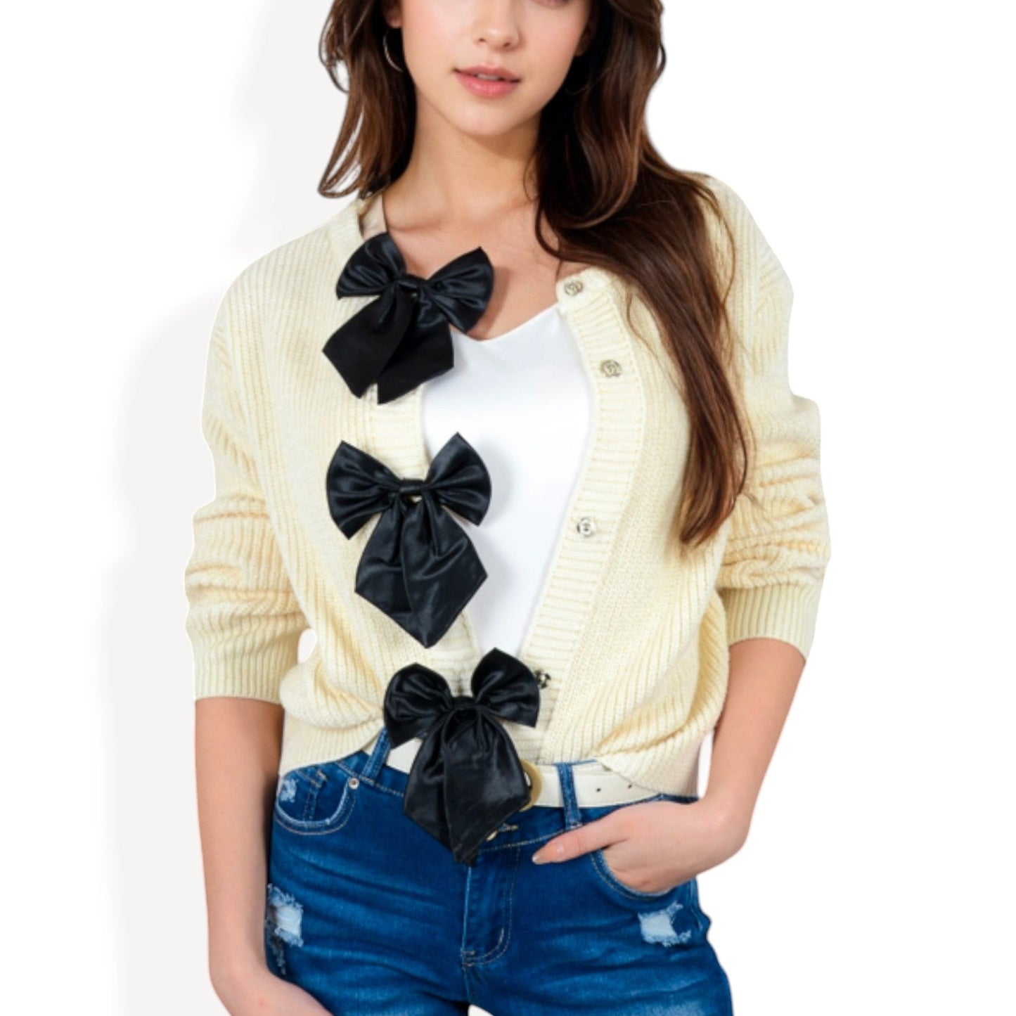 Anna-Kaci Women's Open Front Cardigan with Bow Detail and Relaxed Fit