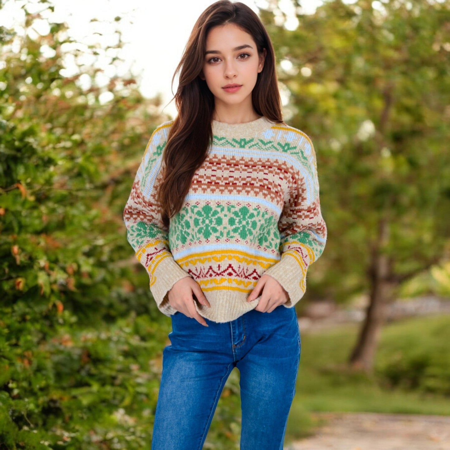 Women's Multi-Color Fair Isle Knit Sweater with Crew Neck and Long Sleeves